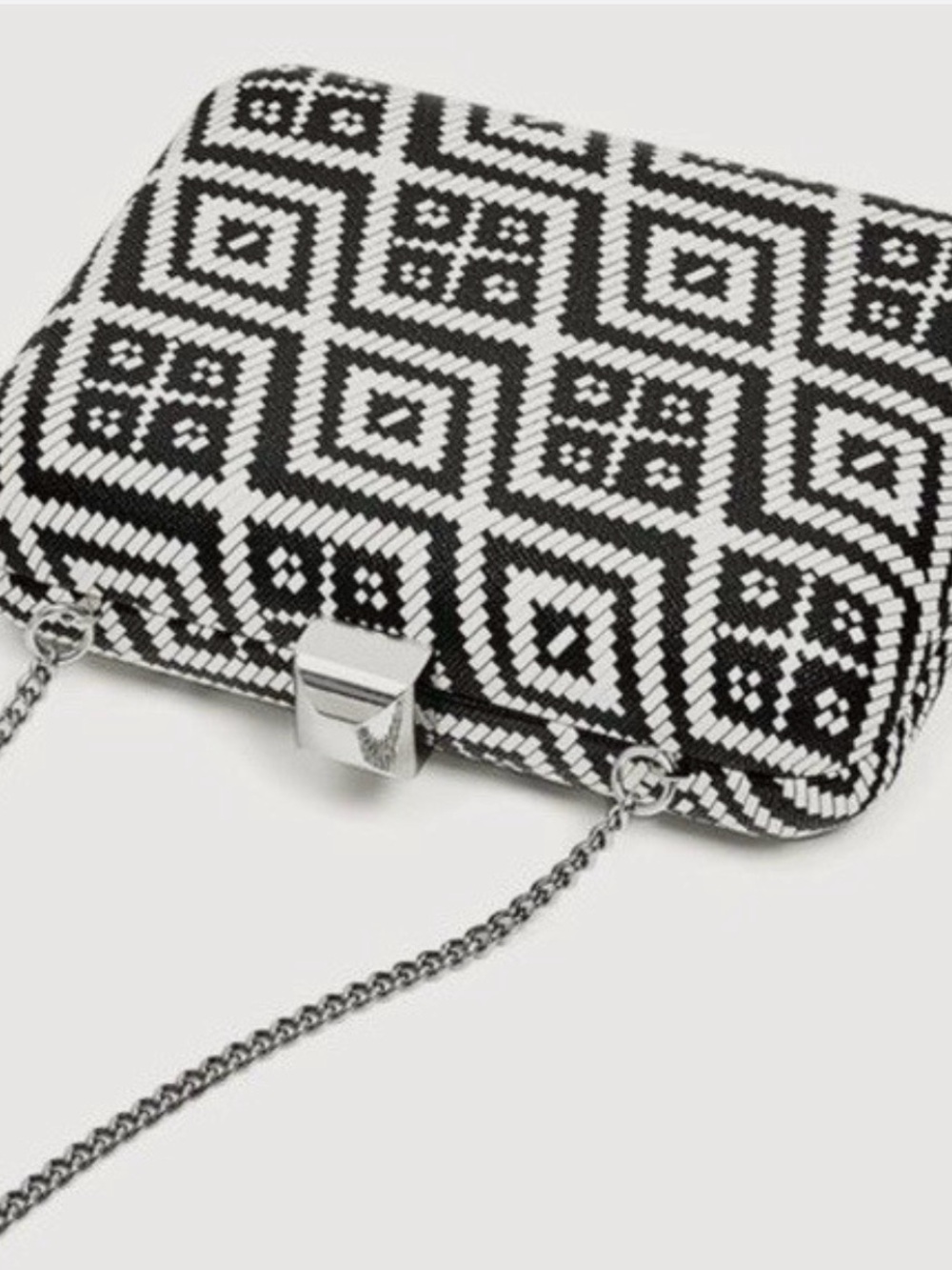 Zara Black and White Geometric Beaded Clutch with Chain